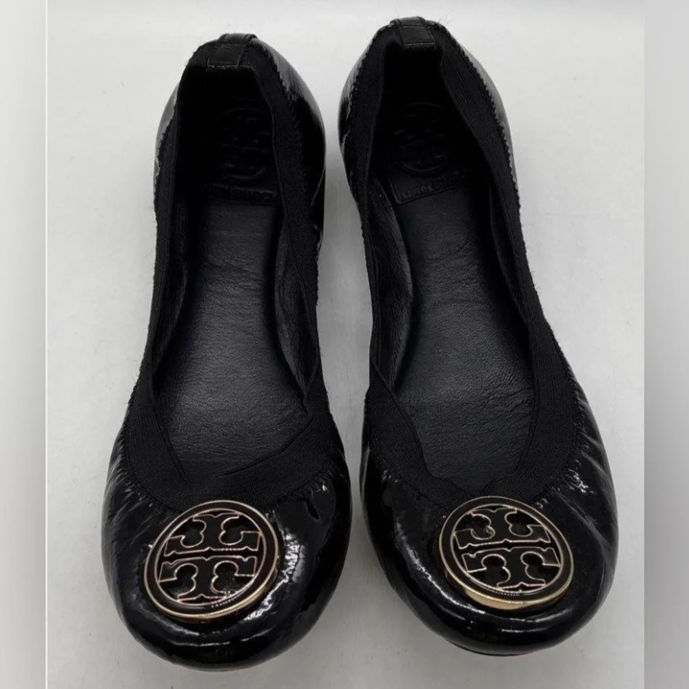 Tory Burch Black Patent Flats with Gold Emblem